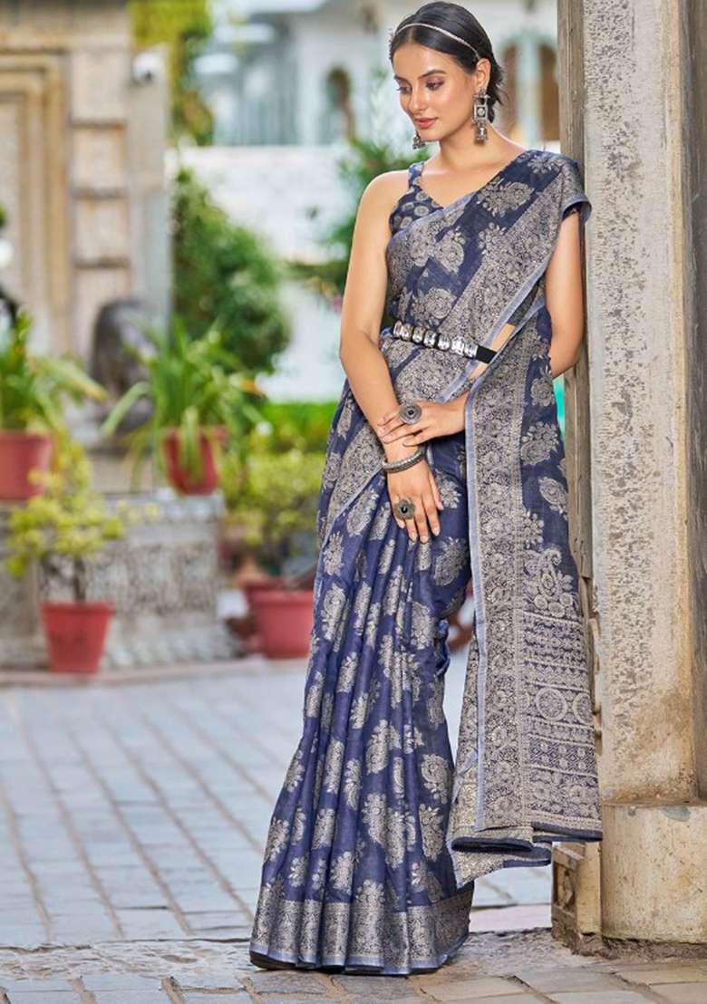 Blue Chikankari Linen Cotton Saree Set for Diwali | Wedding & Festive Wear - Indya