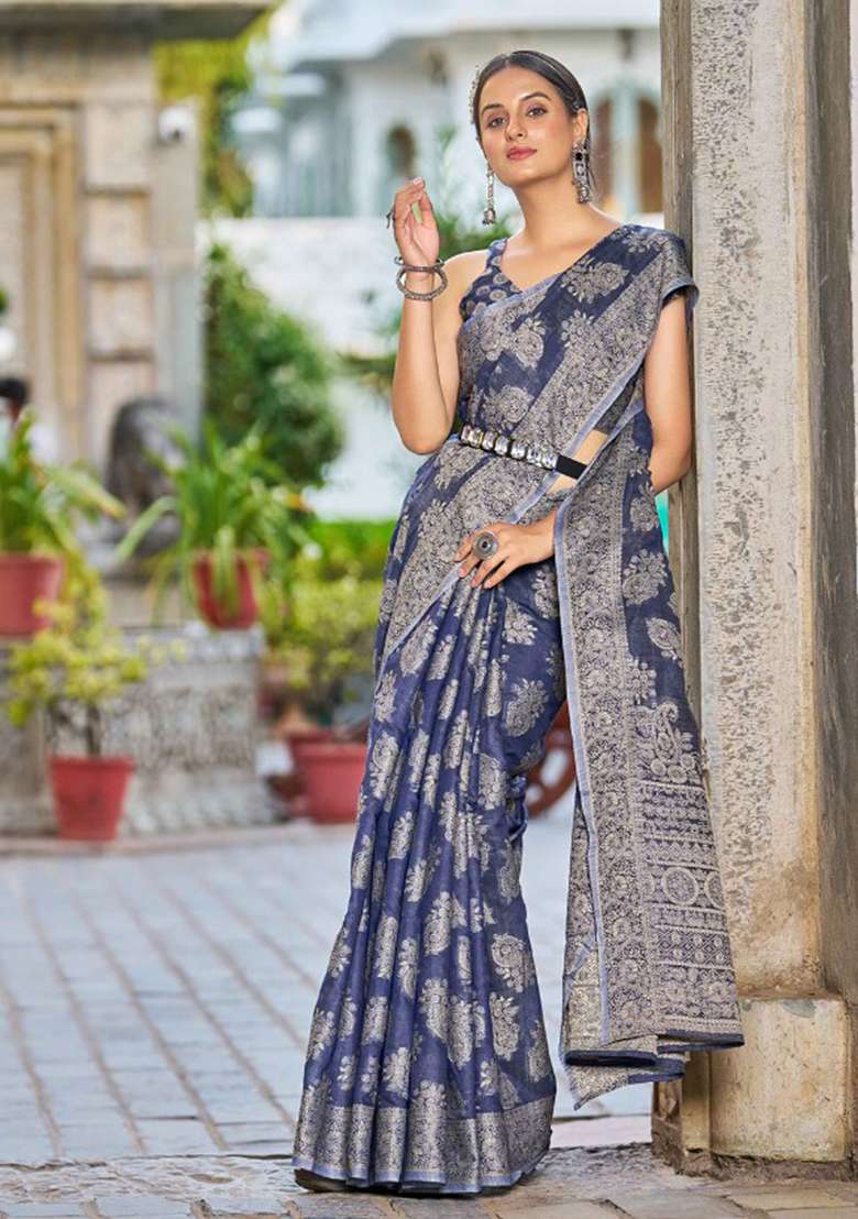 Blue Chikankari Linen Cotton Saree Set for Diwali | Wedding & Festive Wear - Indya