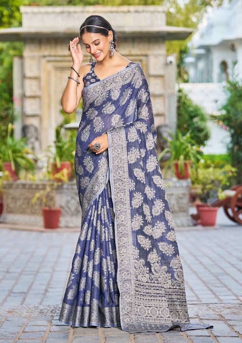 Blue Chikankari Linen Cotton Saree Set for Diwali | Wedding & Festive Wear - Indya