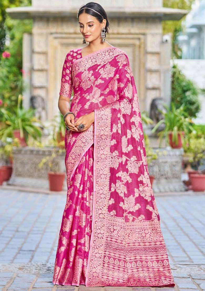 Pink Chikankari Linen Cotton Saree Set for Diwali | Wedding & Festive Wear - Indya