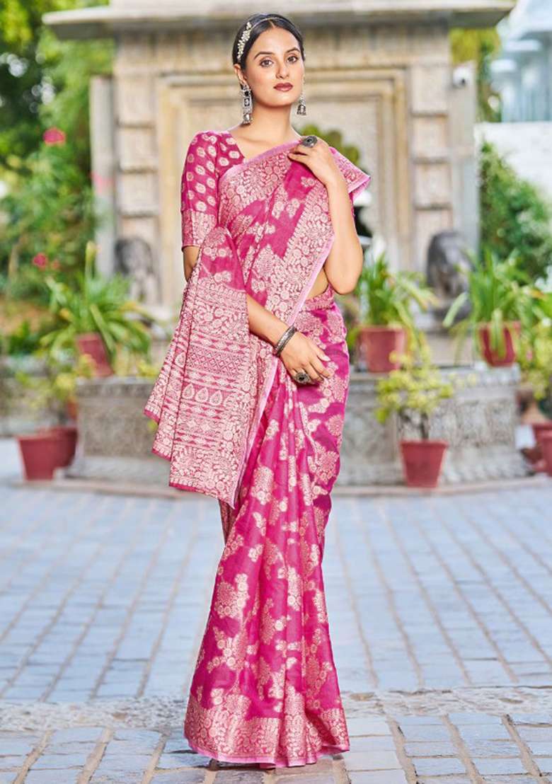 Pink Chikankari Linen Cotton Saree Set for Diwali | Wedding & Festive Wear - Indya