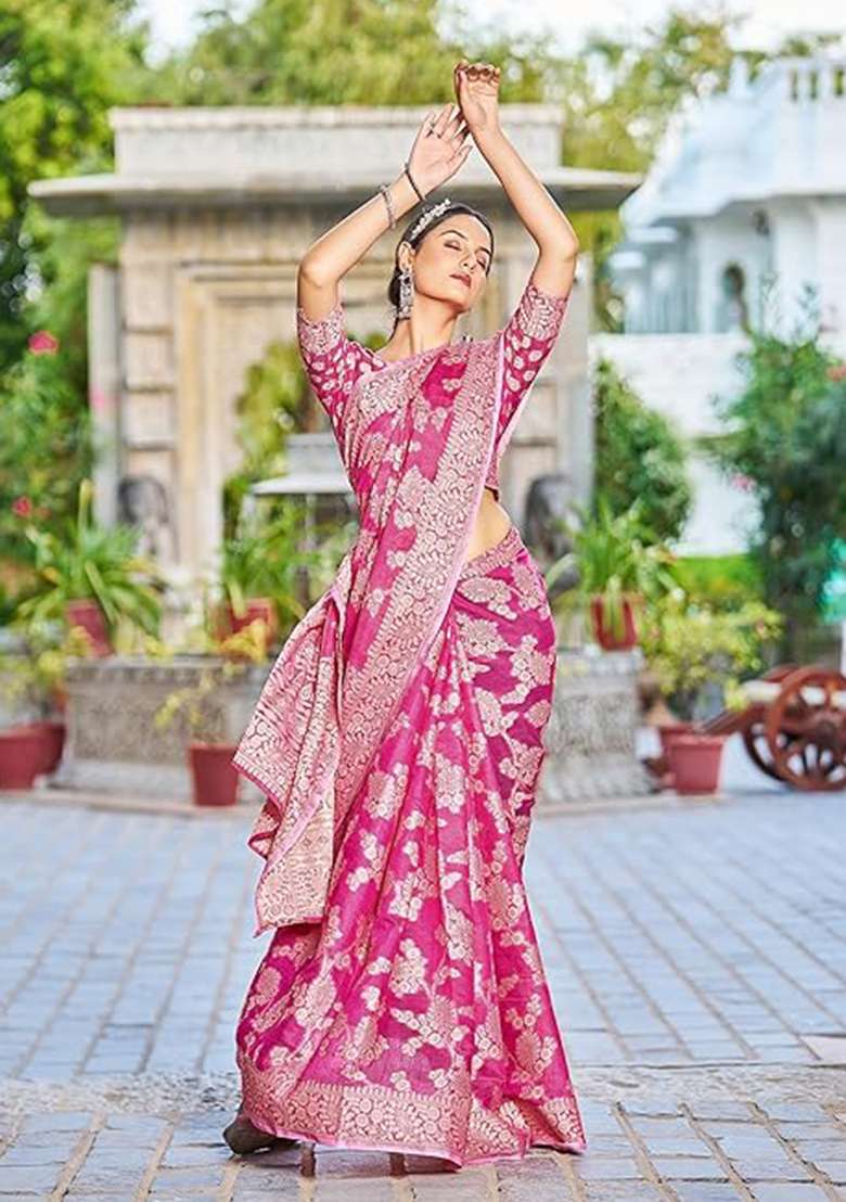 Pink Chikankari Linen Cotton Saree Set for Diwali | Wedding & Festive Wear - Indya