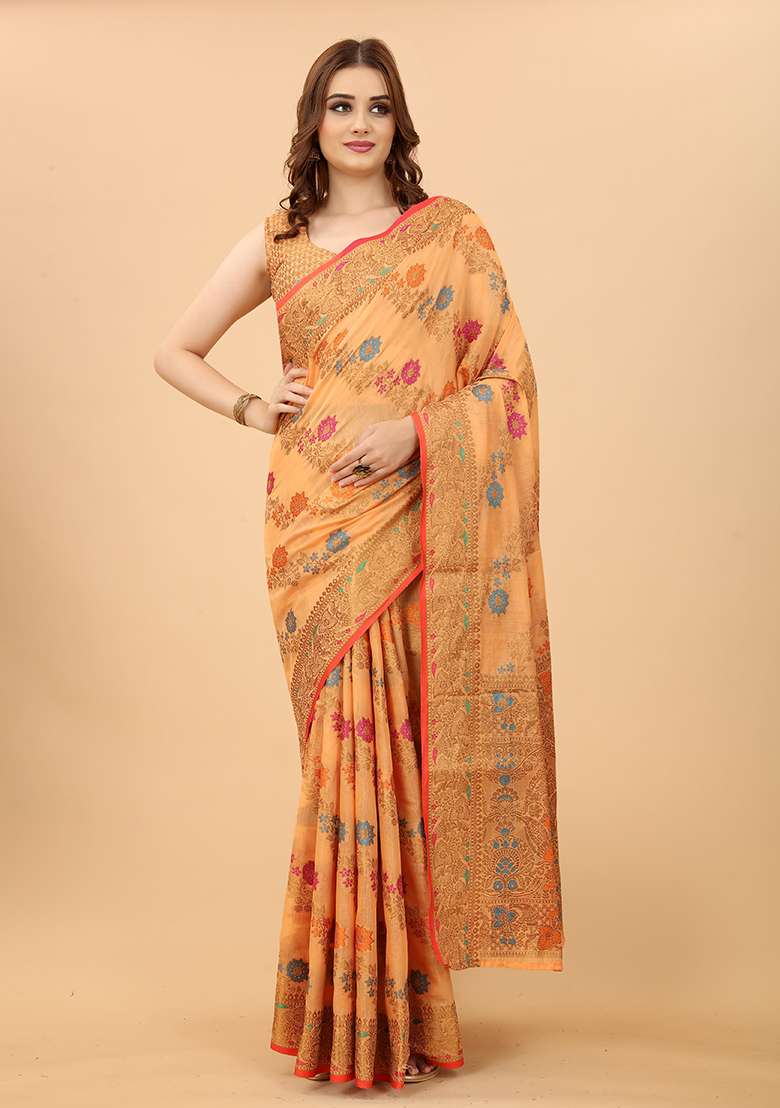 Peach Zari Woven Cotton Linen Saree Set - Indya