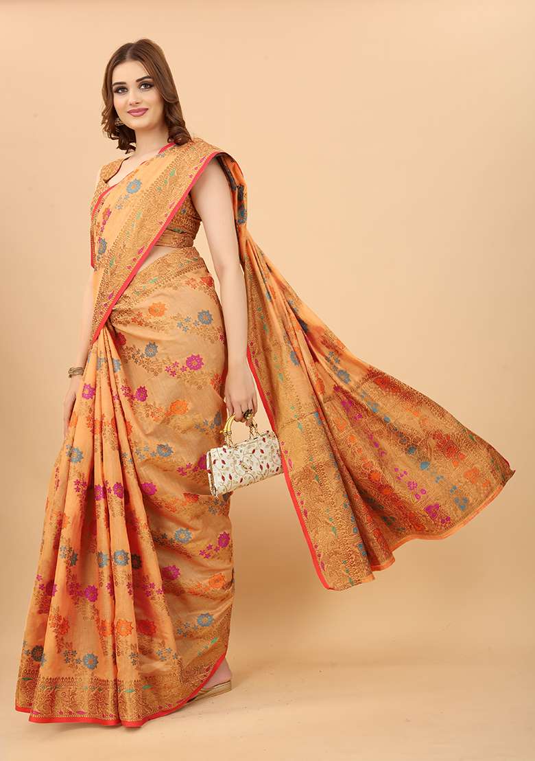 Peach Zari Woven Cotton Linen Saree Set - Indya