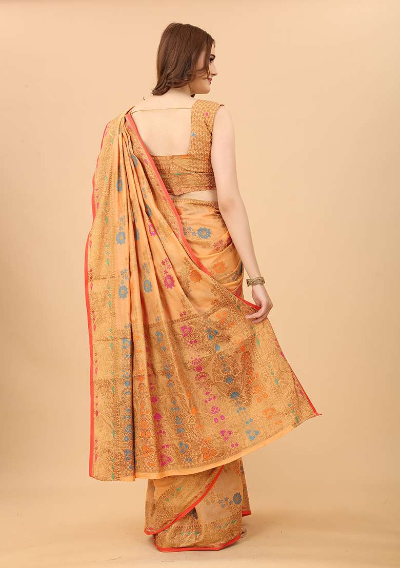 Peach Zari Woven Cotton Linen Saree Set - Indya