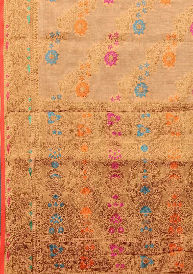 Peach Zari Woven Cotton Linen Saree Set - Indya