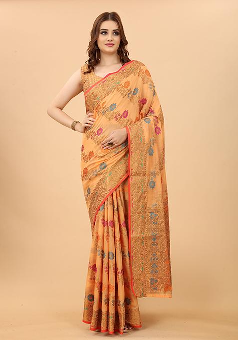 Peach Zari Woven Cotton Linen Saree Set