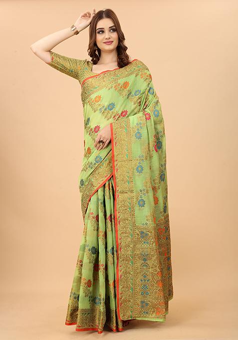 Pista Green Zari Woven Cotton Linen Saree Set