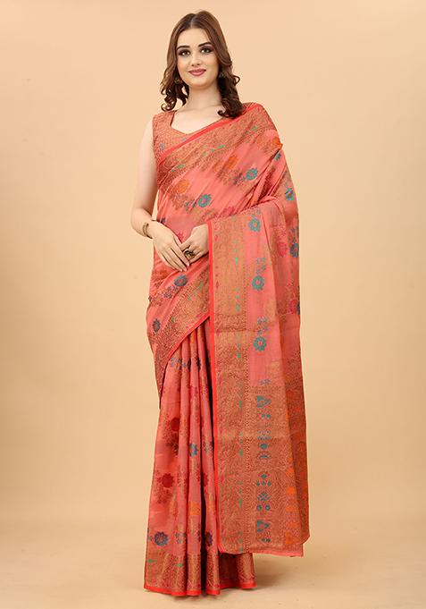 Pink Zari Woven Cotton Linen Saree Set