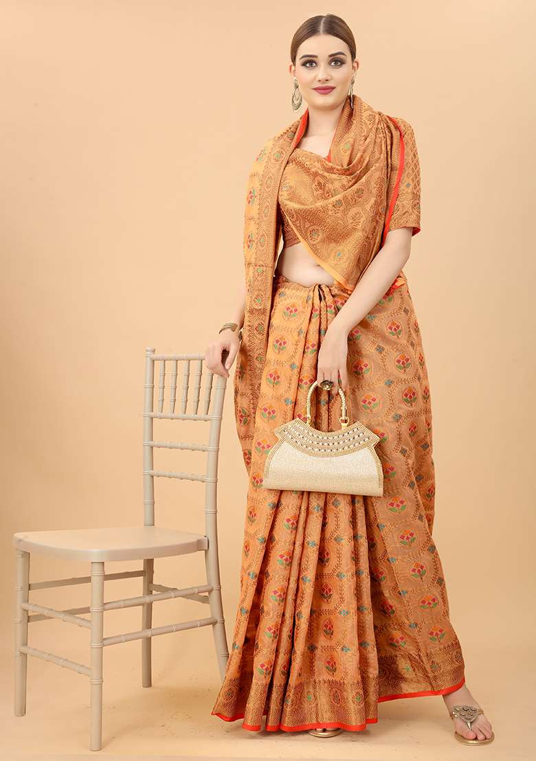 Peach Zari Woven Cotton Linen Saree Set - Indya