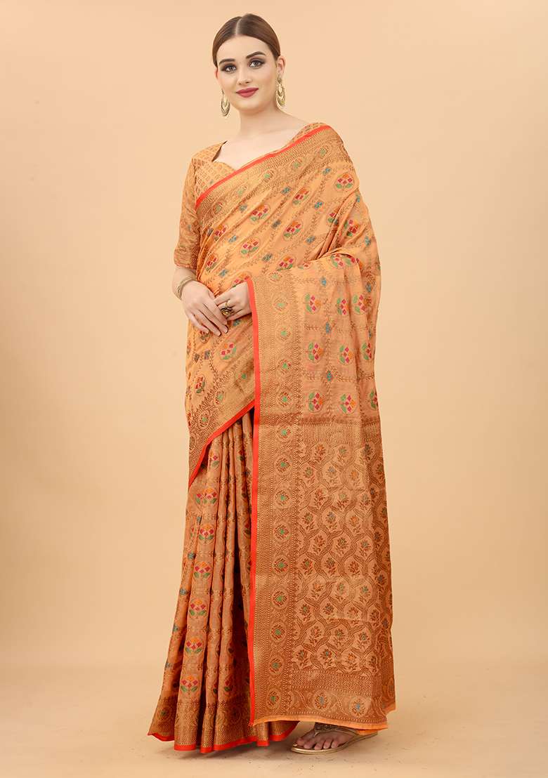 Peach Zari Woven Cotton Linen Saree Set - Indya