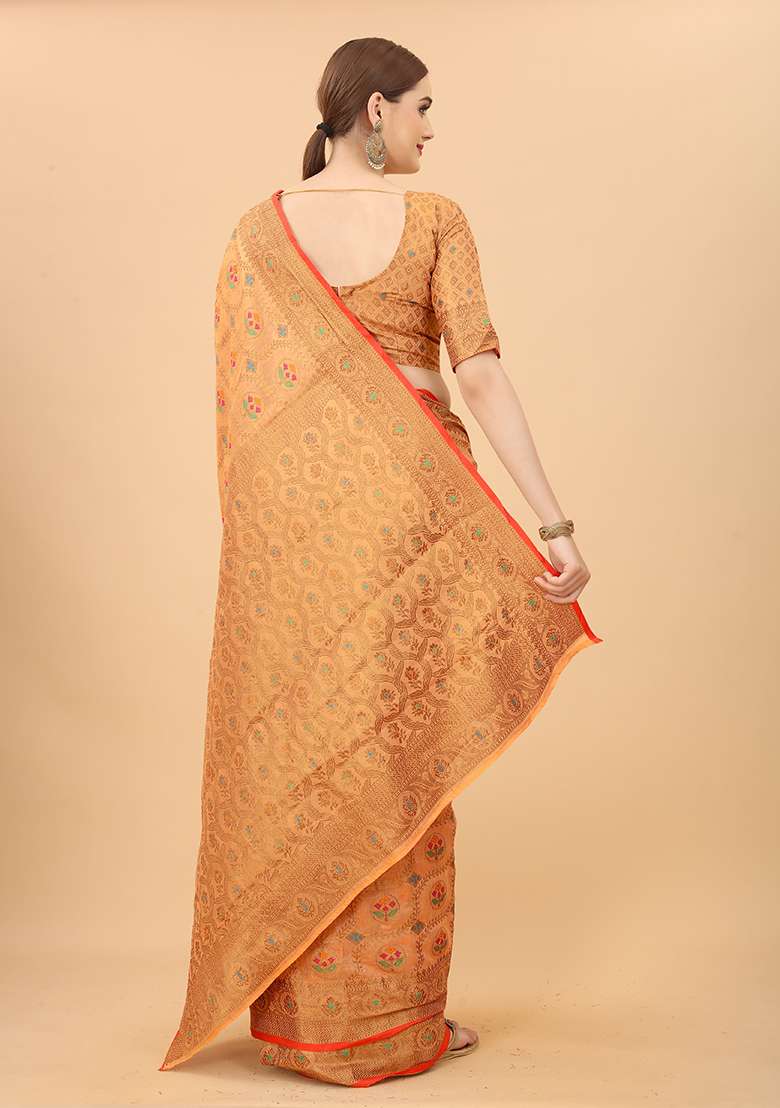 Peach Zari Woven Cotton Linen Saree Set - Indya