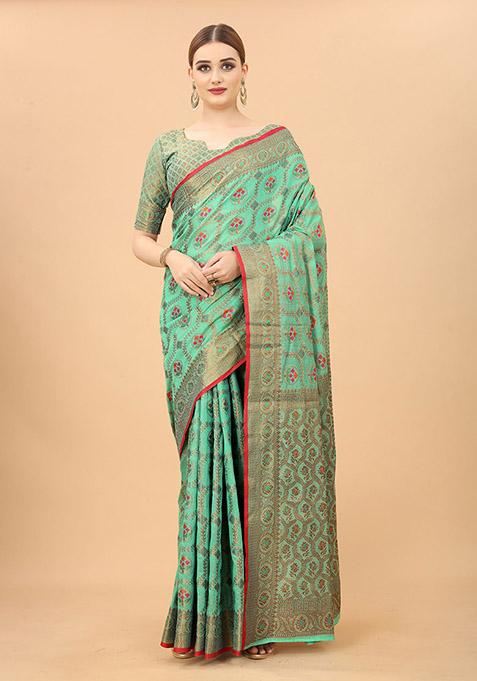 Turquoise Zari Woven Cotton Linen Saree Set