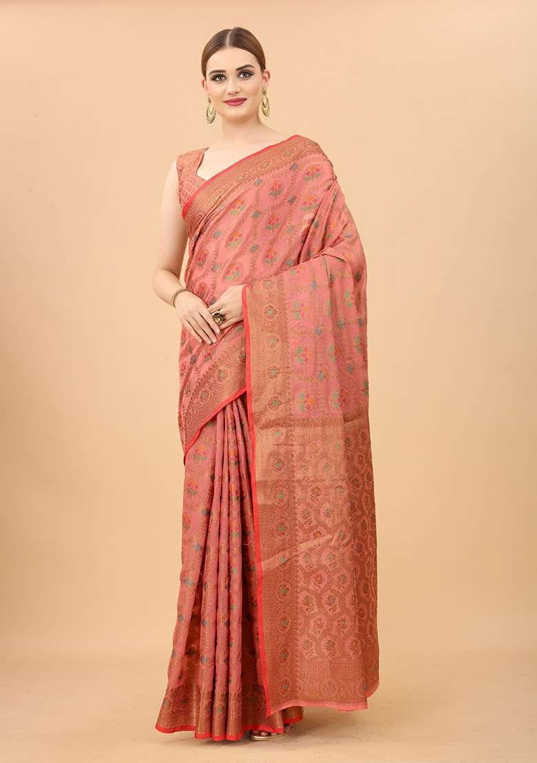 Pink Zari Woven Cotton Linen Saree Set for Diwali and Festive Wear - Indya