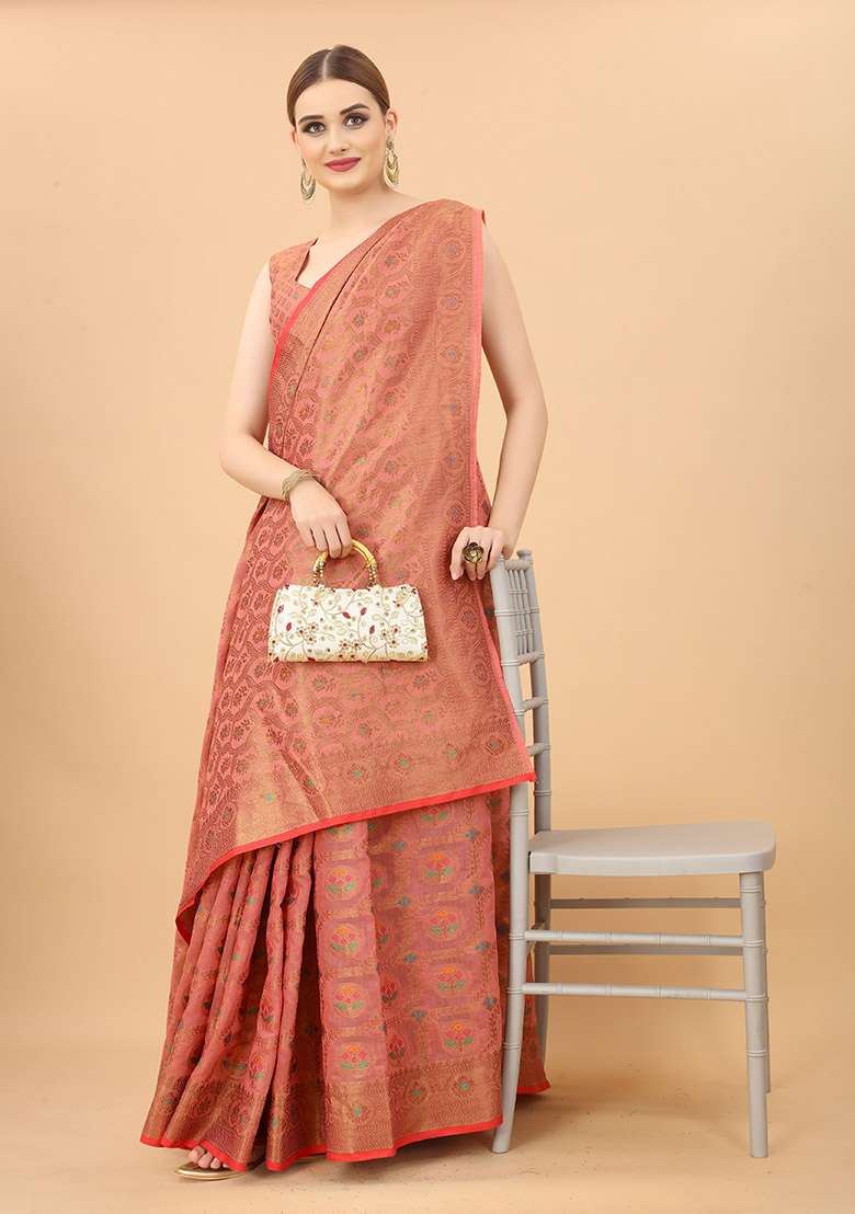 Pink Zari Woven Cotton Linen Saree Set for Diwali and Festive Wear - Indya