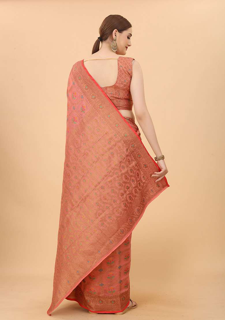 Pink Zari Woven Cotton Linen Saree Set for Diwali and Festive Wear - Indya