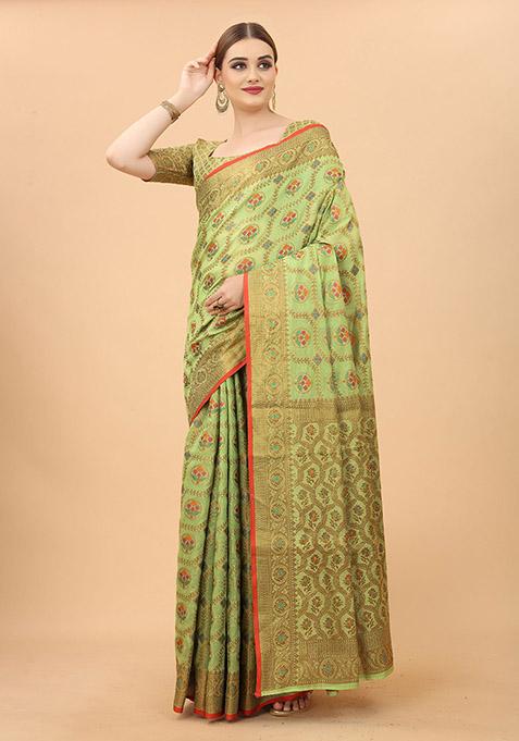 Pista Zari Woven Cotton Linen Saree Set