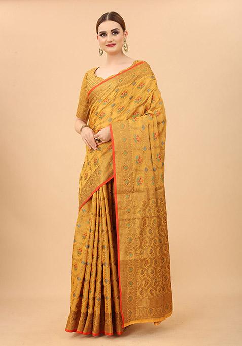 Yellow Zari Woven Cotton Linen Saree Set