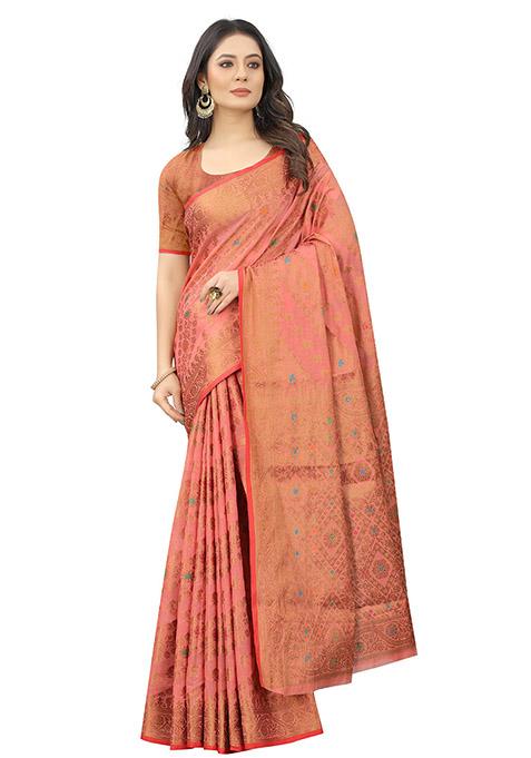 Pink Zari Woven Cotton Linen Saree Set