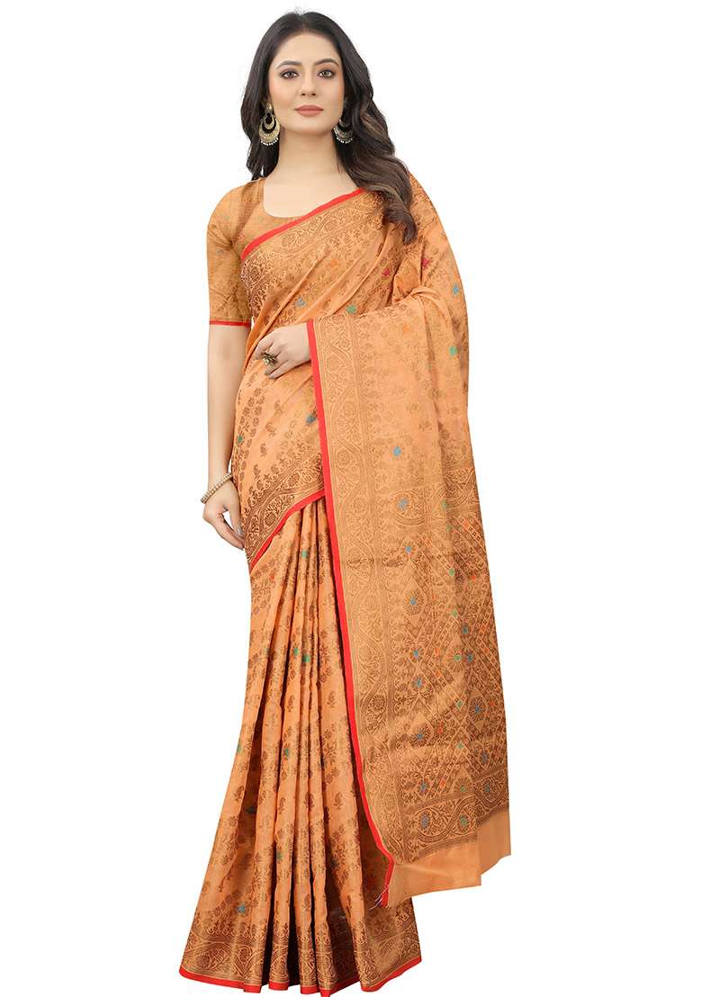 Peach Zari Woven Cotton Linen Saree Set - Indya