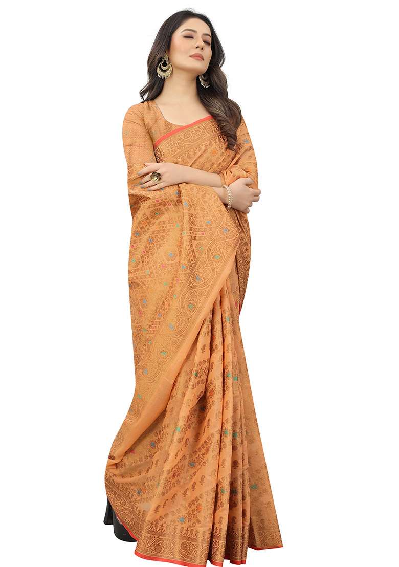 Peach Zari Woven Cotton Linen Saree Set - Indya