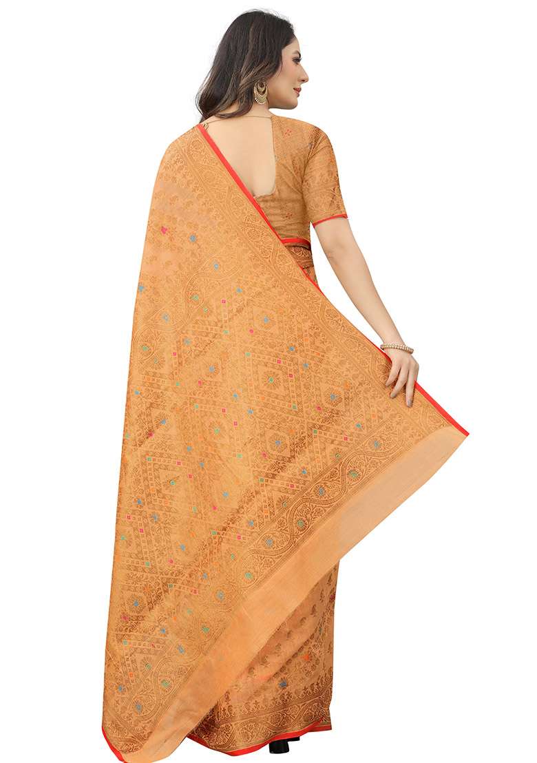 Peach Zari Woven Cotton Linen Saree Set - Indya