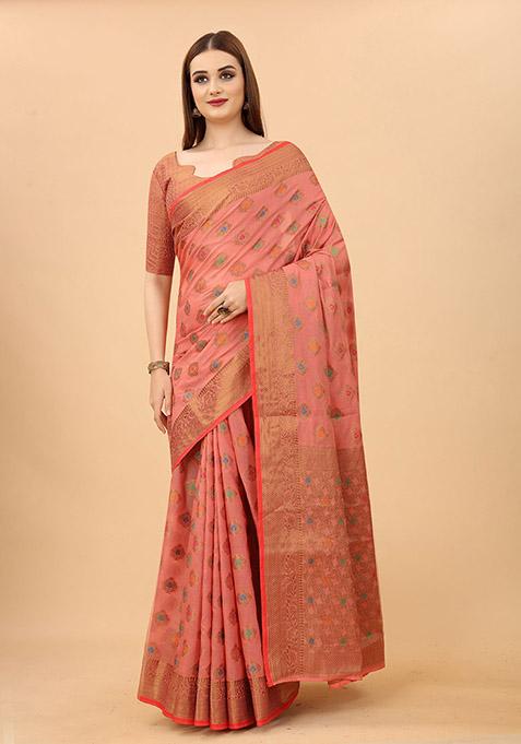 Pink Zari Woven Cotton Linen Saree Set