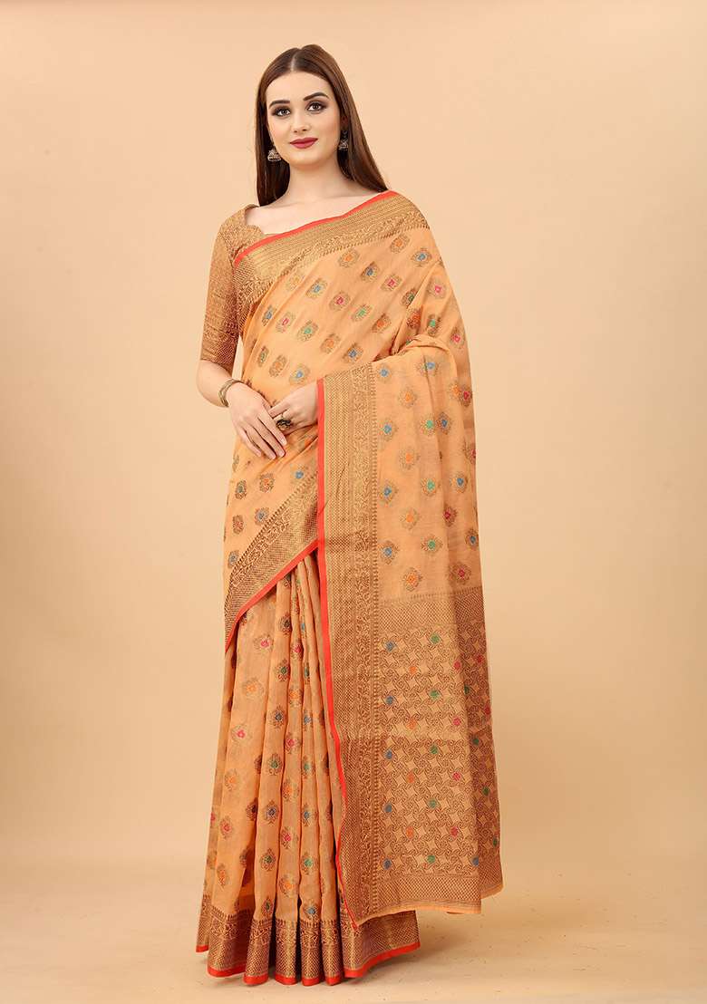 Peach Zari Woven Cotton Linen Saree Set - Indya