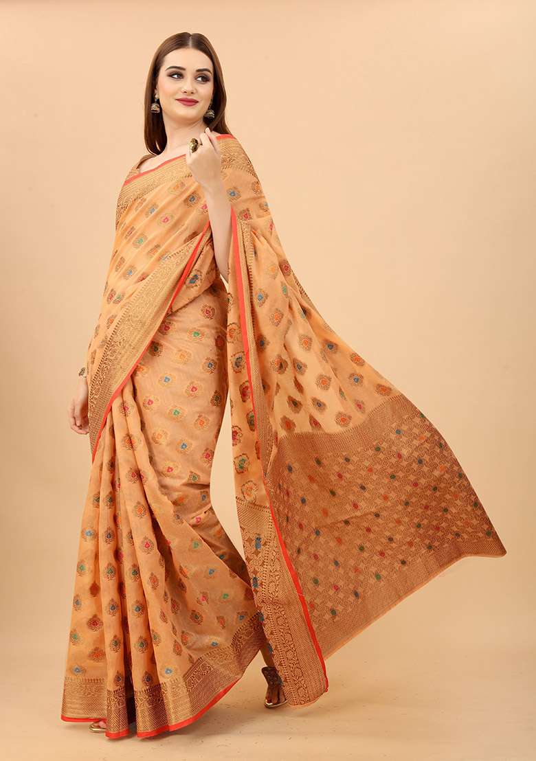 Peach Zari Woven Cotton Linen Saree Set - Indya