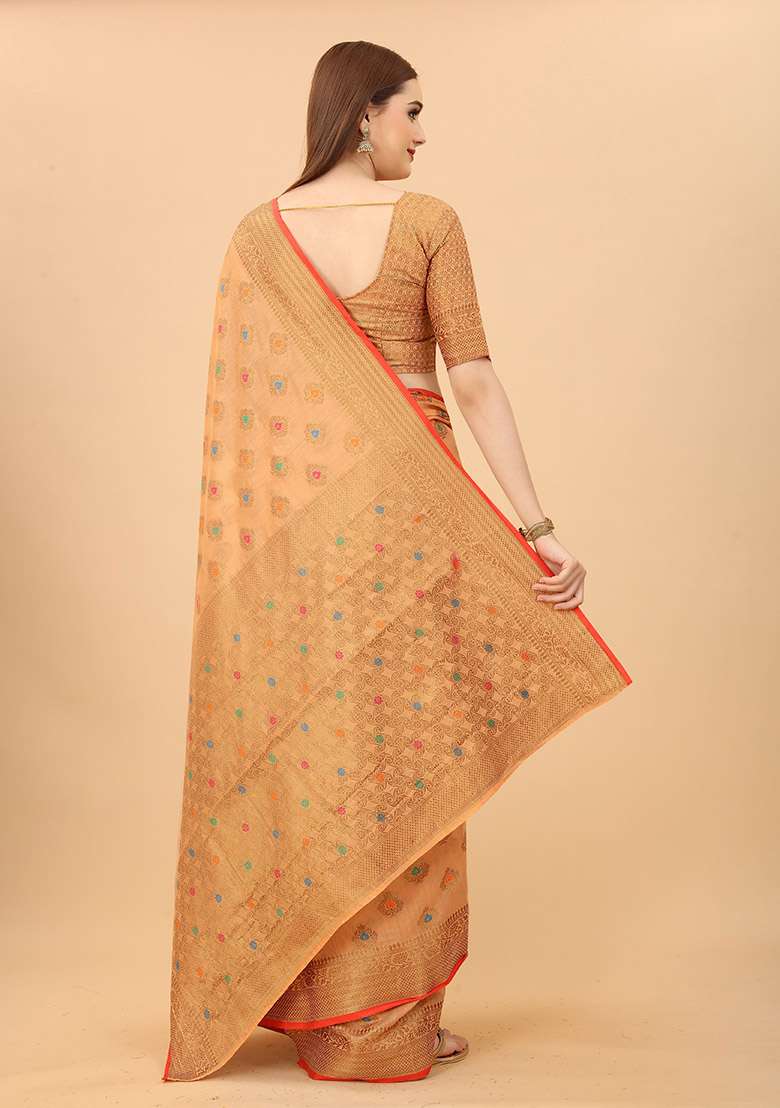 Peach Zari Woven Cotton Linen Saree Set - Indya
