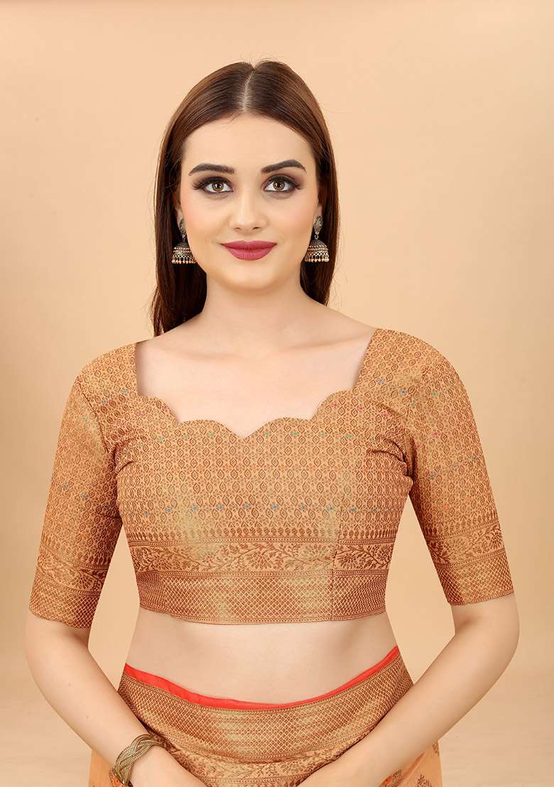 Peach Zari Woven Cotton Linen Saree Set - Indya