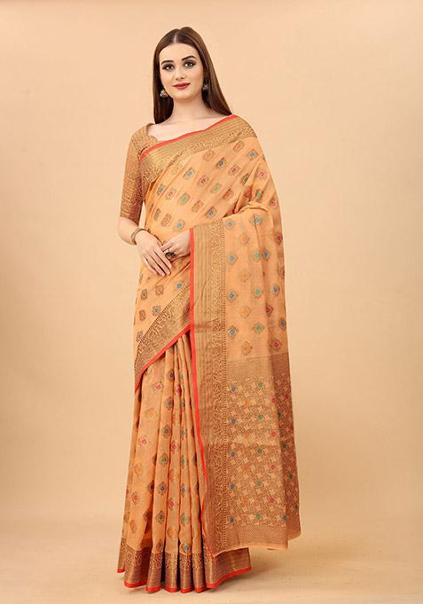 Peach Zari Woven Cotton Linen Saree Set