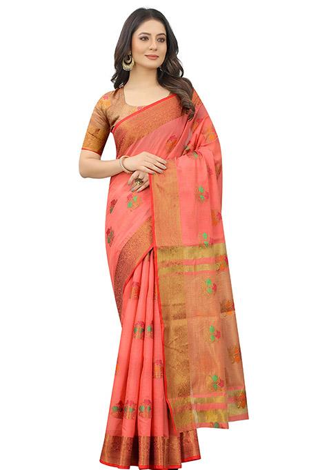 Pink Zari Woven Cotton Linen Saree Set