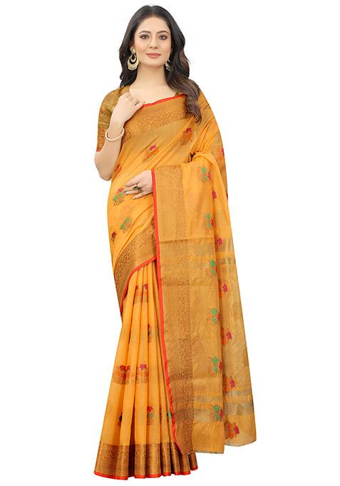 Yellow Zari Woven Cotton Linen Saree Set