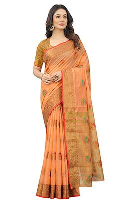 Orange Zari Woven Cotton Linen Saree Set