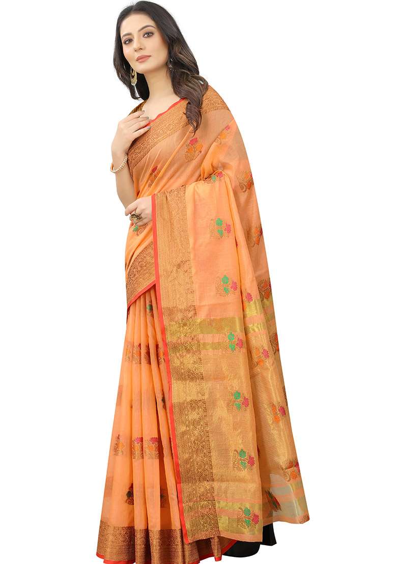 Orange Zari Woven Linen Cotton Saree Set for Diwali | Wedding & Festive Wear - Indya
