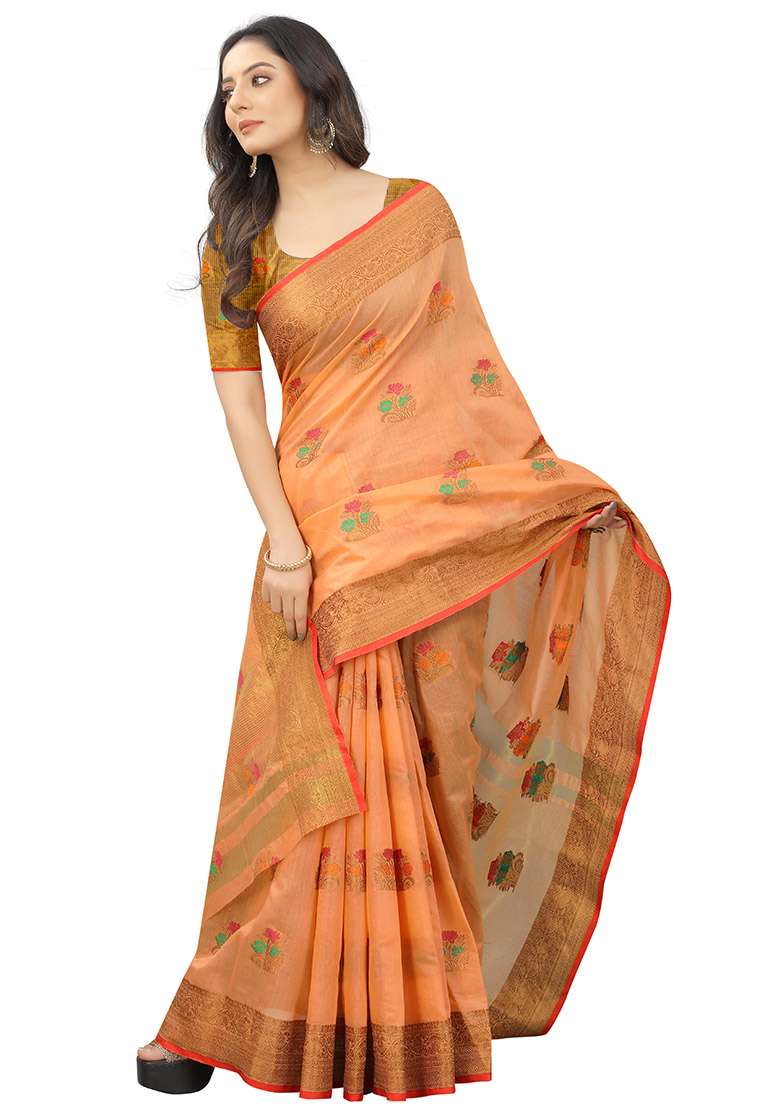 Orange Zari Woven Linen Cotton Saree Set for Diwali | Wedding & Festive Wear - Indya