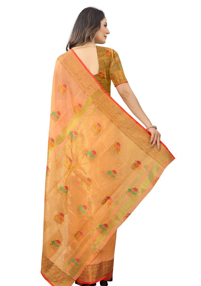 Orange Zari Woven Linen Cotton Saree Set for Diwali | Wedding & Festive Wear - Indya
