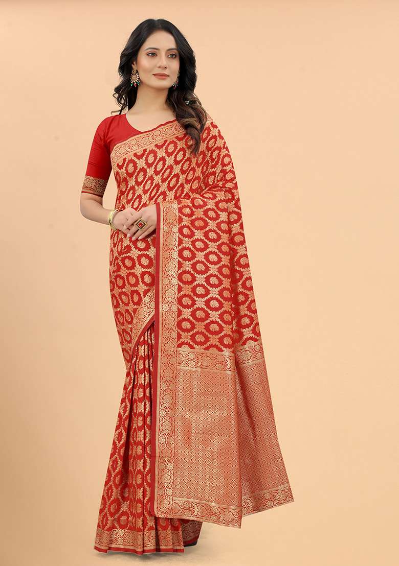 Red Zari Woven Silk Blend Saree Set for Diwali | Wedding & Festive Wear - Indya