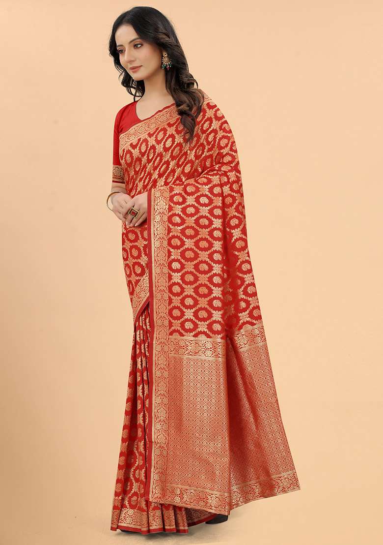 Red Zari Woven Silk Blend Saree Set for Diwali | Wedding & Festive Wear - Indya