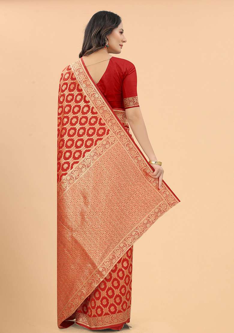 Red Zari Woven Silk Blend Saree Set for Diwali | Wedding & Festive Wear - Indya