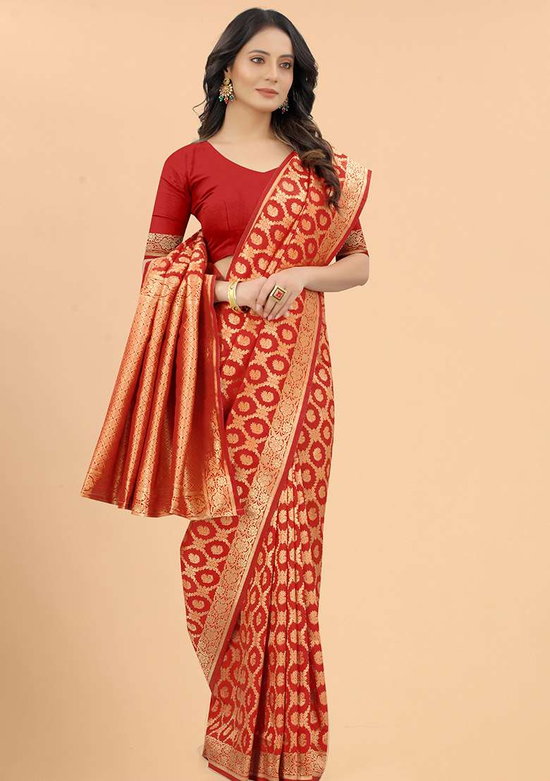 Red Zari Woven Silk Blend Saree Set for Diwali | Wedding & Festive Wear - Indya