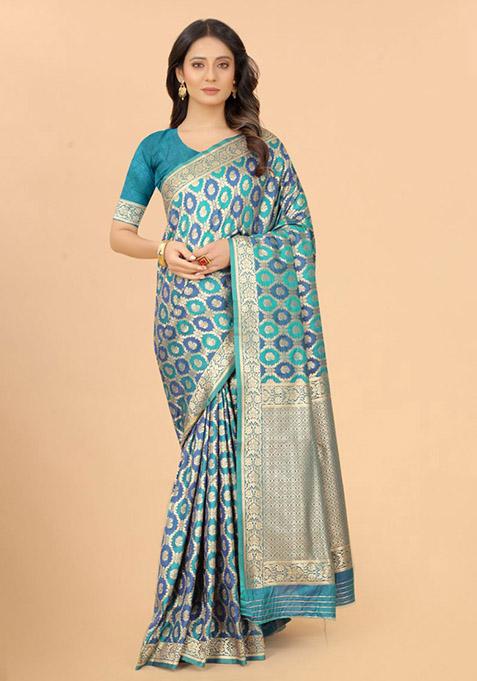 Blue Zari Woven Silk Blend Saree Set