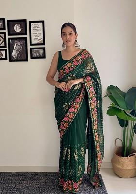 Green Thread Embroidered Mono Banglori Saree Set