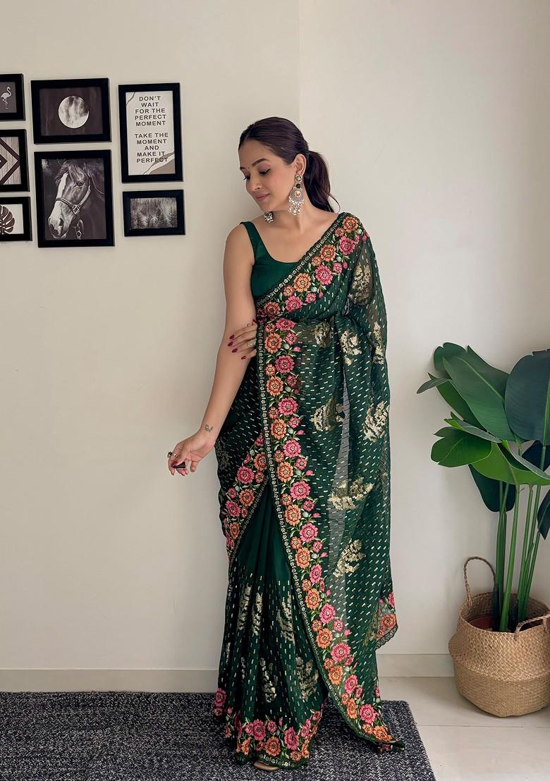 Green Thread Embroidered Mono Banglori Saree Set