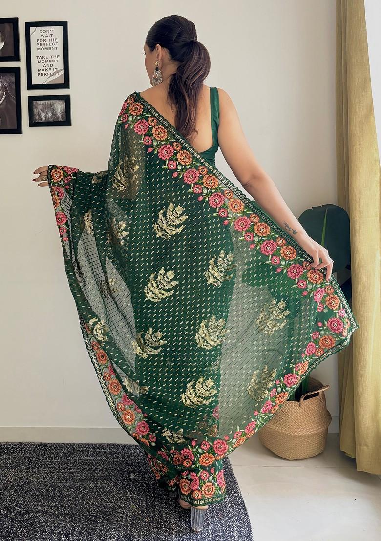Green Thread Embroidered Mono Banglori Saree Set
