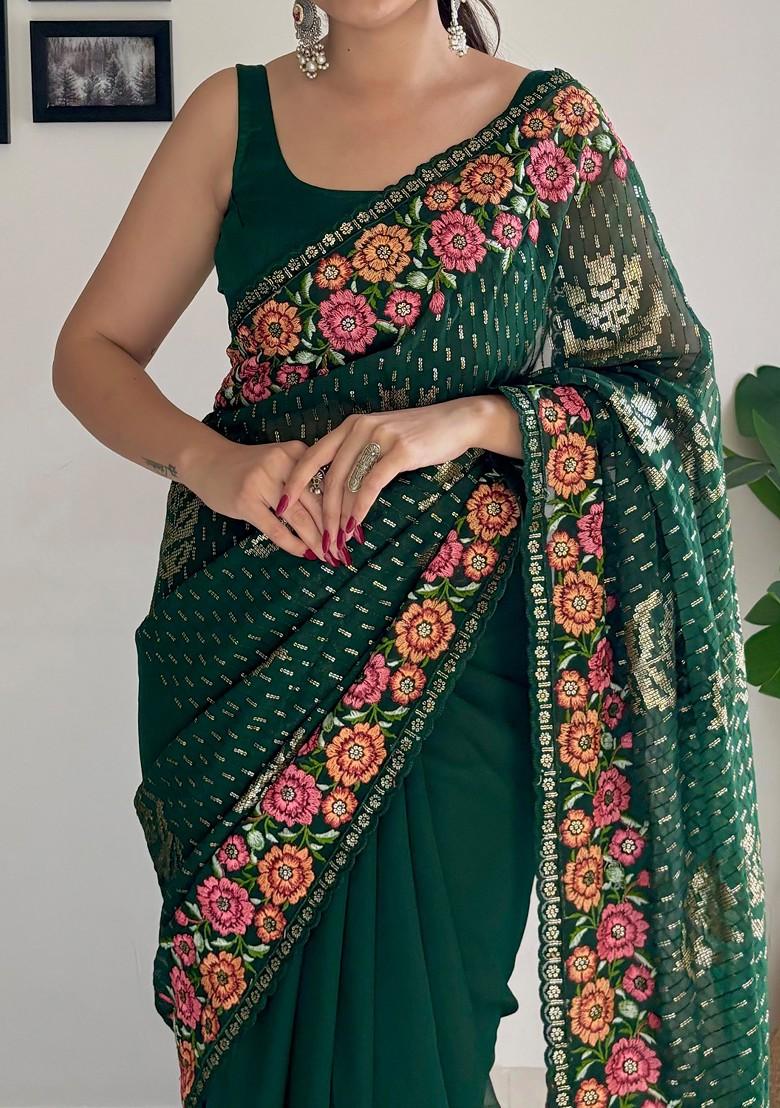 Green Thread Embroidered Mono Banglori Saree Set