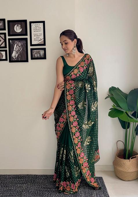 Green Thread Embroidered Mono Banglori Saree Set