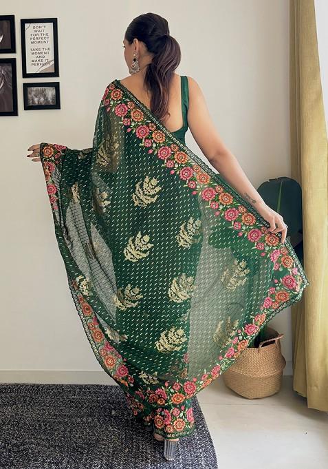Green Thread Embroidered Mono Banglori Saree Set
