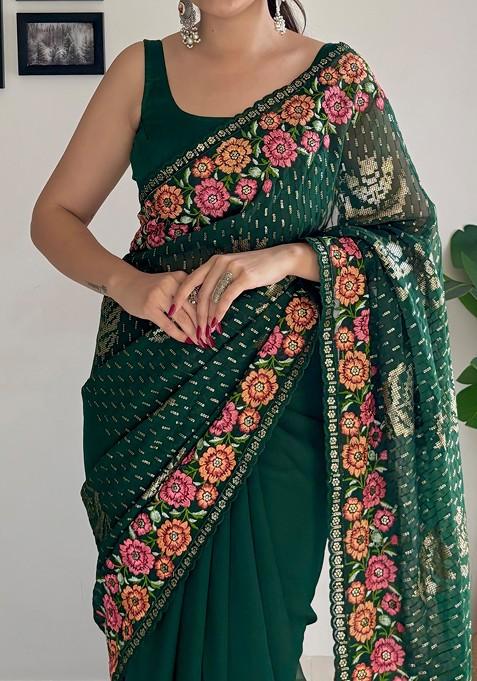Green Thread Embroidered Mono Banglori Saree Set